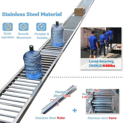Light Duty Roller Conveyor System With 13 Foot Adjustable And Foldable Unpowered Slides showing stainless steel material and rollers
