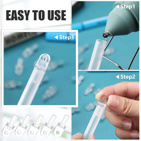 Hella Durable 6-Pack Horizontal Blind Wand Replacement Parts, clear plastic tips shown with step-by-step application process.