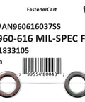 3/8 in Mil-Spec AN960-616 stainless steel flat washers, front view; two shown on label indicating 100 pcs