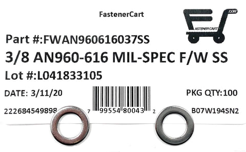 3/8 in Mil-Spec AN960-616 stainless steel flat washers, front view; two shown on label indicating 100 pcs