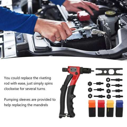All In One Manual Hand Rivet Nut Tool Kit With Interchangeable Mandrels M3 M4 M5 M6 For Auto Body And Marine Projects shown with components