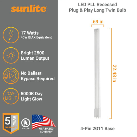 LED Plug-And-Play Recessed Twin Light Tube 2G11 4-Pin Base, 17W Replacement for Fluorescent FT40DL BIAX, 2500 Lumens, 5000K Daylight