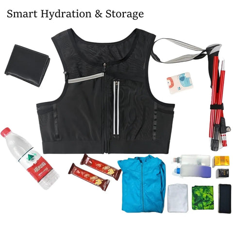 Trail Running Hydration Pack With Phone Holder Reflective Trek Vest For Teens L Size with water bottle and snacks