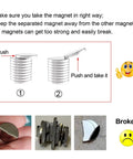Instructions for handling Ultra Strong Small Round Neodymium Magnets 8x3mm N52 Grade 100 Piece Pack with images of damaged magnets.
