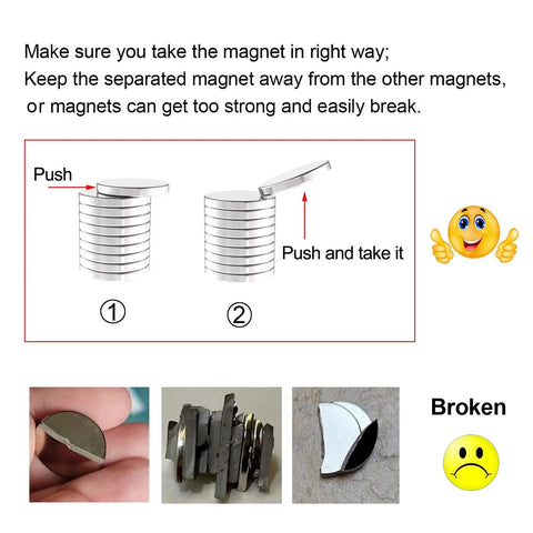 Instructions for handling Ultra Strong Small Round Neodymium Magnets 8x3mm N52 Grade 100 Piece Pack with images of damaged magnets.