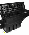 Heavy Duty Left Side Mount Tool Box For Ram 1500 Truck Bed Storage In Solid Black visible with open lid and interior compartments.