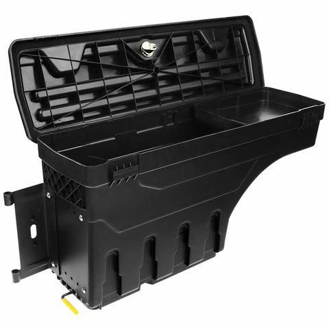 Heavy Duty Left Side Mount Tool Box For Ram 1500 Truck Bed Storage In Solid Black visible with open lid and interior compartments.