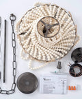 Wood Beaded Chandelier 3 Light Boho Farmhouse Pendant Light Fixture With White Beads And Black Chain parts layout