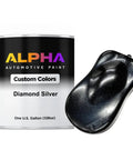 Heavy Duty Diamond Silver Auto Paint Basecoat Midcoat Gallon Ready To Roll With Slow Reducer For A Snappy Mirror Shine That Turns Heads On Any Smooth Ride Finish with silver color sample and paint can.