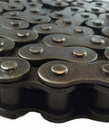 Close-up of ANSI 06B Metric Standard Roller Chain, 10 Feet Long, 0.375 Inch Pitch, Includes 1 Connecting Link, Heat Treated Pins, Side Plates And Rollers.