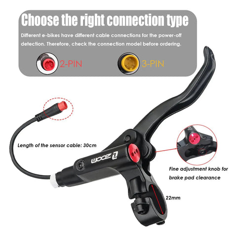 HB876E 4 Piston Ebike Hydraulic Disc Brake Set With Power Off Sensor showing 2-pin and 3-pin connectors with lever close-up