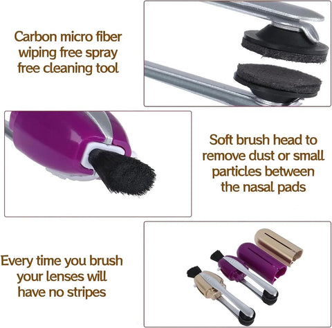 Three-piece eyeglasses cleaning kit with portable wands, microfiber pads, and soft brush heads.