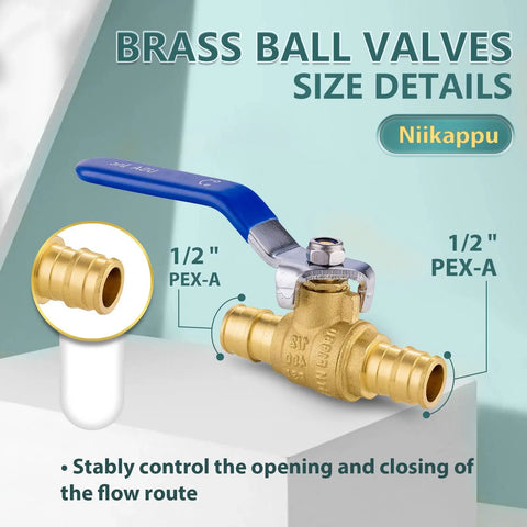 100-Pack 1/2 in Pex A Ball Valve Shut Off Blue Lead-Free Brass, NSF ANSI 61 Safe For Potable Water, Withstand Up To 600 PSI WOG on valve image
