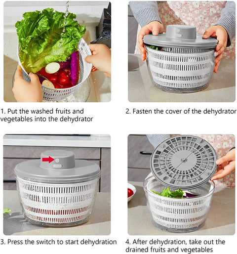Step-by-step guide using a Massive 4L Electric Salad Spinner With Wireless Usb Charging Heavy Duty Veggie Dryer.