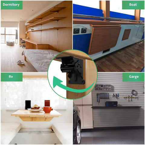 Four Pack Folding Table Leg Brackets Adjustable Zero To Ninety Steel Hinges for Workshop Tables Desks Rust Proof Black Finish Holds Five Hundred Pounds Each Dang Sturdy Hardware mounted in a dormitory, RV, boat, and garage settings.