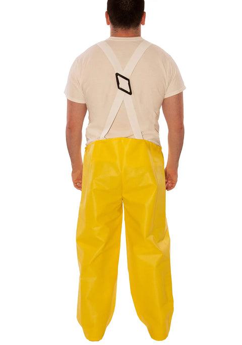 Rear view of Rain Bib Overall For Tough Weather, Bright Yellow Waterproof Workwear In Medium Fit, Heavy PVC Coated Breathable Lining