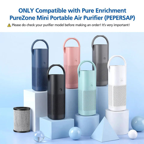 Variety of PureZone Mini Portable Air Purifiers with one replacement filter next to them.