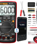 Bluetooth Digital Multimeter with Auto Range TRMS 6000 Counts, probes, test leads, and accessories for AC DC voltage and current.