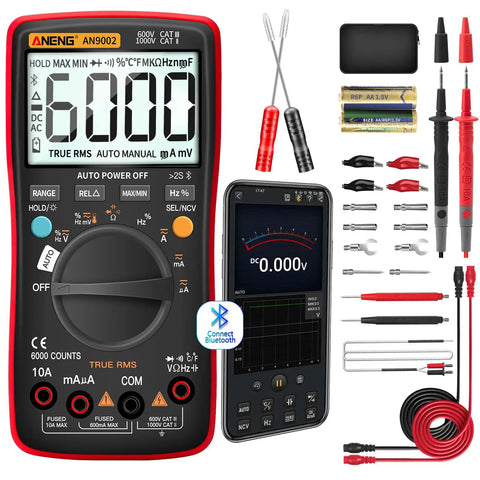 Bluetooth Digital Multimeter with Auto Range TRMS 6000 Counts, probes, test leads, and accessories for AC DC voltage and current.
