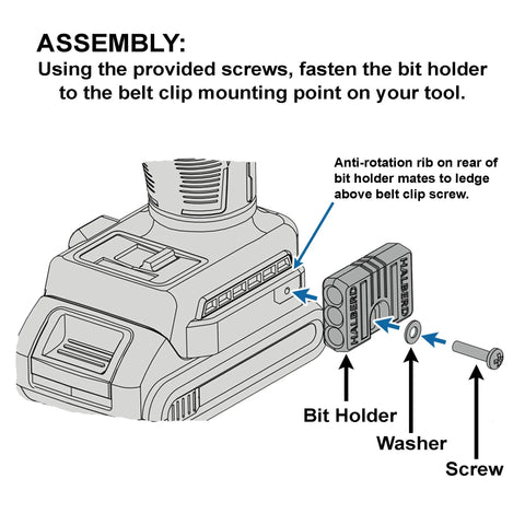 Universal Magnetic Bit Holder Two Pack For Drill Pros That Clamps To Belt Clip Or Screw And Lets You Mount Left Or Right Side Keeps Up To Five One Quarter Inch Bits On A Strong Neodymium Magnet Compatible With Milwaukee DeWalt Makita Bosch Ryobi