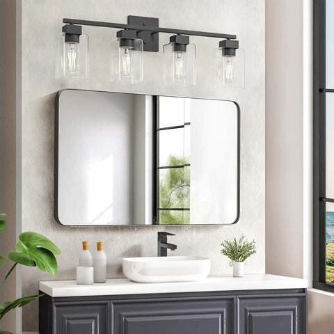 Four Light Matte Black Vanity Light With Square Backplate Glass Shades Sleek Modern UL Certified Bathroom Fixture For Over Mirror Or Bedroom Farmhouse Style Bath Light above bathroom mirror