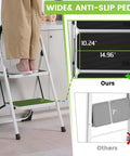 Person using Two Step Folding Ladder With Extra Wide Anti Slip Pedals And Handgrip, Lightweight Steel, in kitchen