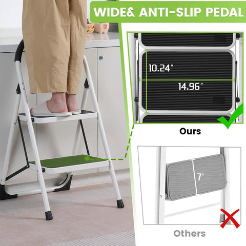 Person using Two Step Folding Ladder With Extra Wide Anti Slip Pedals And Handgrip, Lightweight Steel, in kitchen