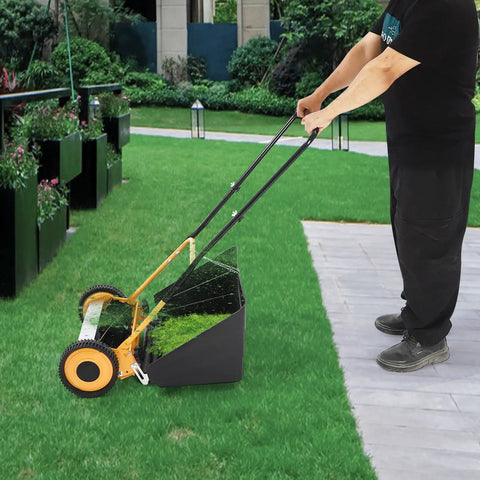 14 Inch Manual Push Reel Lawn Mower With Collection Bag And Sweeper For Easy Yard Work No Fuss 4 Sharp 5 Edged Blades For Lawns Gardens Yards Parks Golf Courses Sidewalks Driveways, side view on lawn