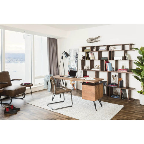 Top Shelf Solid Acacia Standing Desk With Smart Storage For Home Office Or Craft Corner Featuring Rock Solid Iron Hairpin Legs And Effortless Height Adjustments For Zero Hustle in modern office setting.