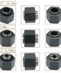 Router Collet Chuck And Nut Set With Reducer Sleeves For Easy Swap One Half Inch And One Quarter Inch Shanks Replacement Kit displayed.