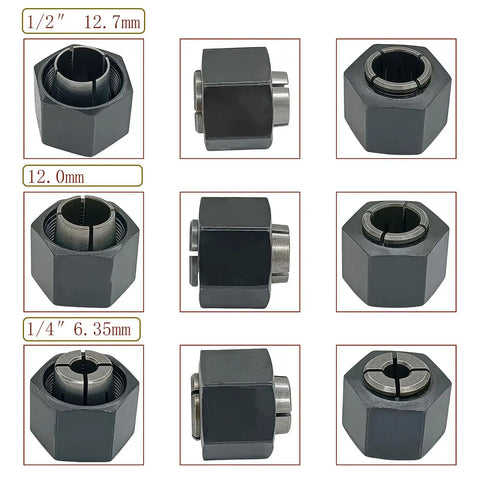 Router Collet Chuck And Nut Set With Reducer Sleeves For Easy Swap One Half Inch And One Quarter Inch Shanks Replacement Kit displayed.