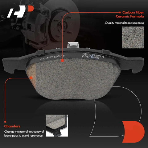 Close-up of ceramic pad from 10.94 Inch Front Vented Disc Brake Rotors With Ceramic Pads Kit For Ford Focus 2012 to 2018 And Volvo C30 2012 to 2013 S40 2004 to 2011