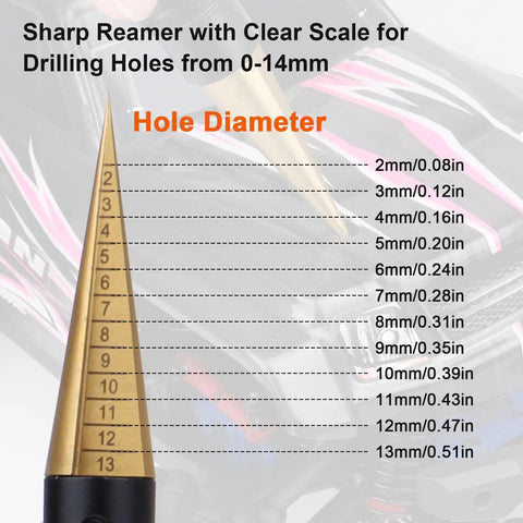 RC Car Body Reamer Kit 0-14mm Hole Puncher With Sleeve And Curved Scissors Set showing clear scale for precise drilling