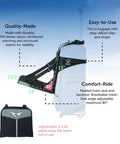 Travel Seat For Kids Foldable Ride On Suitcase Accessory For Toddlers And Carriers attached to carry-on luggage with size guide.