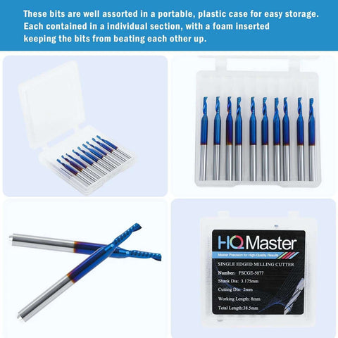 HQMaster 10-pack O-flute CNC router bits set; blue-coated tungsten carbide, 1/8" shank, 2mm cutting dia in clear case