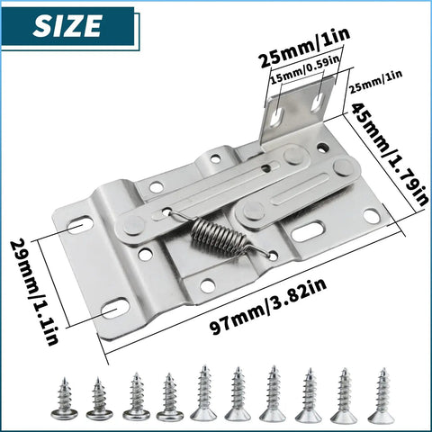 Heavy Duty Steel Tip Out Tray Hinges For 45 Degree Cabinet Drawer Pullouts Featuring Rock Solid Scissor Hardware With Brushed Nickel Finish, detailed dimensions.