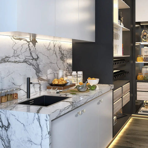 Modern kitchen with marble countertop and 15 Pack Brushed Nickel Cabinet Knobs Round Kitchen Handles Zinc Alloy Hardware visible.