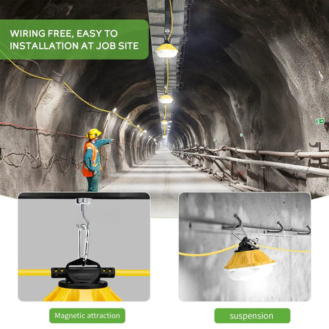 Aluminum Housing LED Construction String Lights 50 Ft 100W 10000 Lumens Work Light With 3-Prong Plug ETL Listed Temporary Job Site Lighting Portable And Extendable With Hooks On Each Lamp
