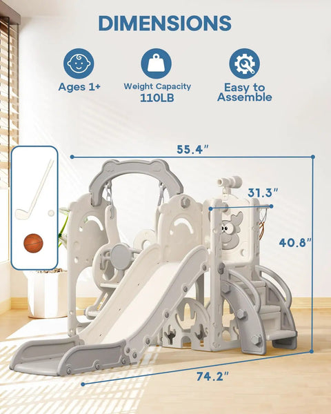 Toddler Indoor Outdoor Seven In One Playset With Climber Swing Set And Basketball Hoop For Kids Ages 1 Plus Kid Friendly Cream Gray ASTM Certified Safe Durable HDPE Playground Equipment, dimensions shown.