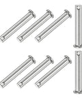 Eight Pack M8 By 55mm Stainless Steel Clevis Pins Flat Head 304 Stainless Single Hole Quick Release Link Pins For Mechanical Linkages Trucks Lawn Mowers Hinges Rigging Reusable, six pins arranged on white