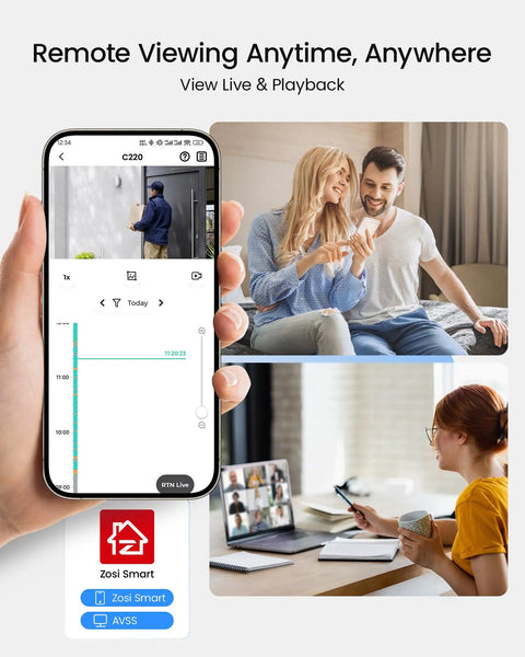 Viewing footage on phone with C220 8 Channel 4MP 2.5K PoE Security Camera System With 3K NVR And 2TB HDD, people and laptop shown
