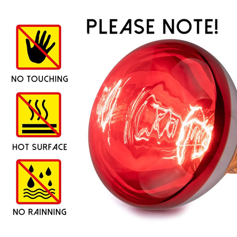 Infrared 250W R40 Heat Lamp Bulb For Brooder, Chickens And Pets showing warning symbols for no touching, hot surface, no raining