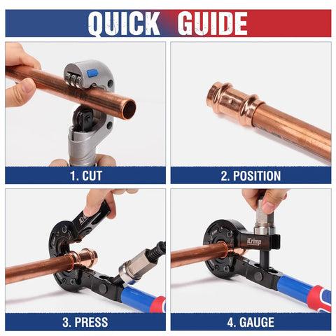 Heavy Duty Copper Pipe Press Tool Kit For 1/2 Inch And 3/4 Inch Viegas Propress Fittings Includes Socket Wrench And Cutters Compact Design With Led Light For Easy Access In Tight Spaces Perfect For Hvac Pros quick guide for cutting, positioning, and pressing copper pipe with tools
