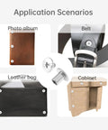 Fifty Pack Chicago Screws And Leather Rivets Featuring Phillips Cross Head Drive Knockout Build Quality Barrel Nut Assembly usage on a photo album, belt, leather bag, and cabinet.