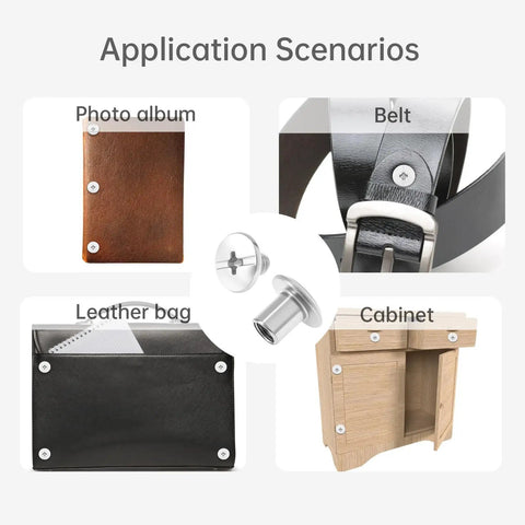 Fifty Pack Chicago Screws And Leather Rivets Featuring Phillips Cross Head Drive Knockout Build Quality Barrel Nut Assembly usage on a photo album, belt, leather bag, and cabinet.