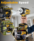 Heavy Hitter Cordless Impact Wrench Driven By A Rugged Brushless Motor Operating As A Versatile Drill Plus Screwdriver Combining To Deliver 516 Ft Lbs Of Serious Torque For Daily Grinds showing adjustable speed settings and usage.