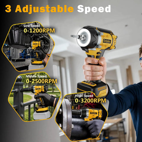 Heavy Hitter Cordless Impact Wrench Driven By A Rugged Brushless Motor Operating As A Versatile Drill Plus Screwdriver Combining To Deliver 516 Ft Lbs Of Serious Torque For Daily Grinds showing adjustable speed settings and usage.