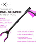 LUXET long-reach oval grabber tool with pink ergonomic handle and black shaft, 19 inches.