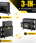 Smooth Rolling 8 Drawer Tool Chest With Nifty Detachable Modular Layout And Secure Locking Drawers For Top Shelf Garage Storage Slick Black Finish showcasing different configurations.