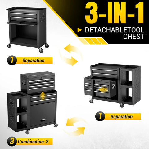 Smooth Rolling 8 Drawer Tool Chest With Nifty Detachable Modular Layout And Secure Locking Drawers For Top Shelf Garage Storage Slick Black Finish showcasing different configurations.